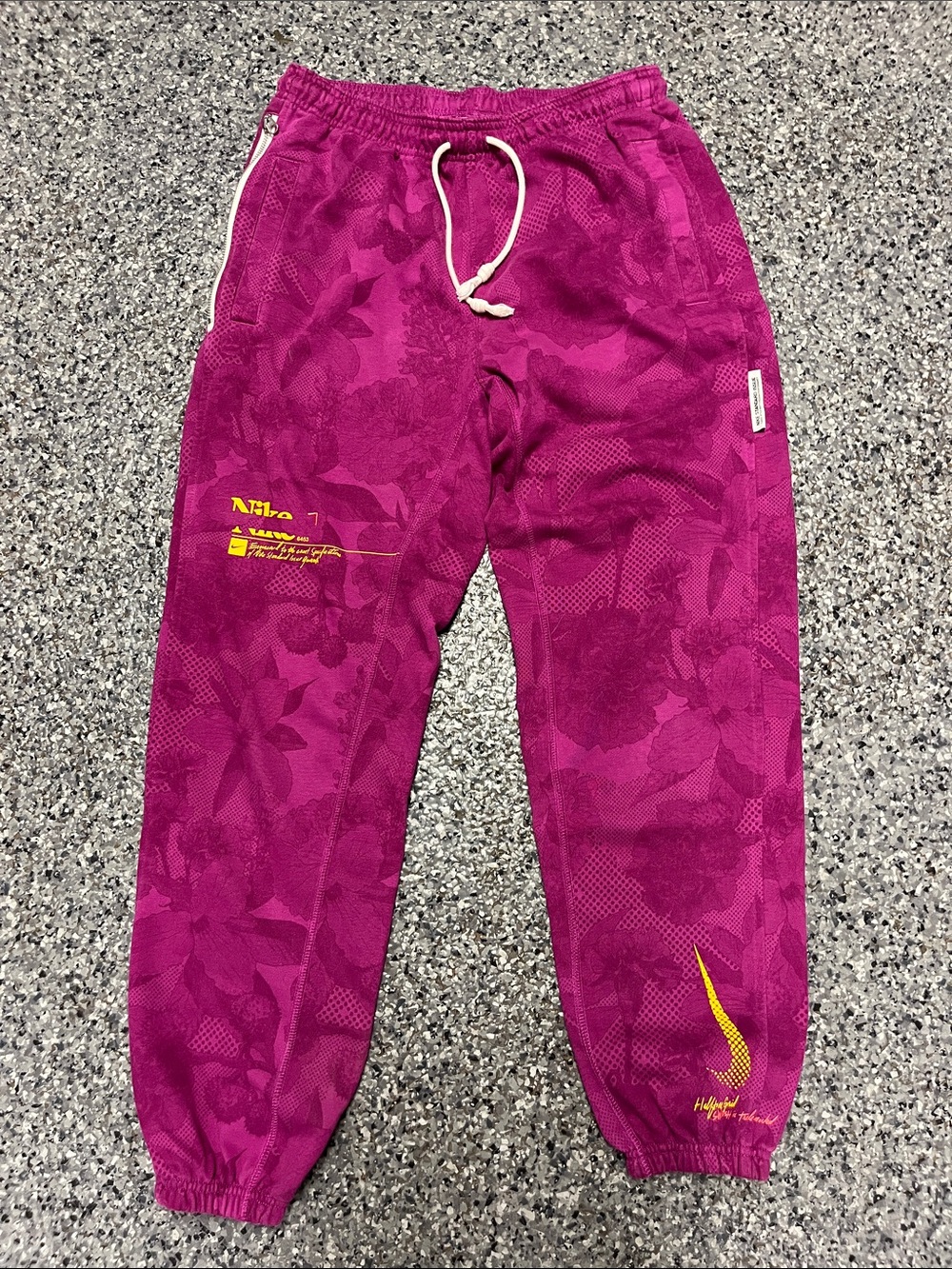 Nike Standard Issue Magenta Floral Joggers with Yellow Swoosh